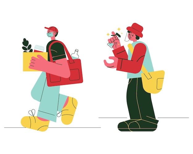 Vector vector illustration of people in medical mask and gloves delivering food to customer