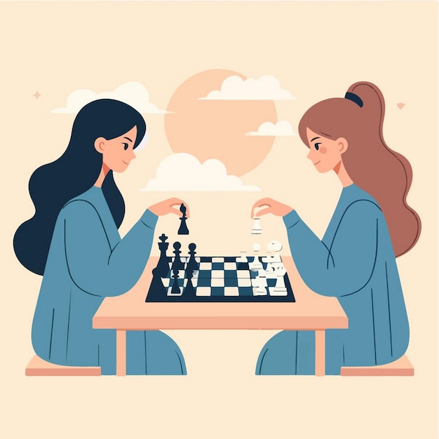 Vector vector illustration of people playing chess in flat design style