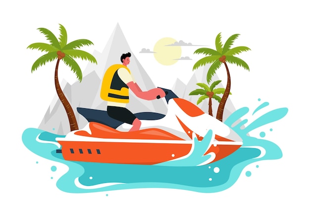 Викторная иллюстрация людей, катающихся на водных лыжах, с летними отдыхами, отдыхом и курортными пляжными мероприятиями на плоском фоне экстремальных водных видов спорта
