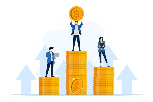 vector illustration People standing on a pile of coins as a symbol of Salary or Additional Income