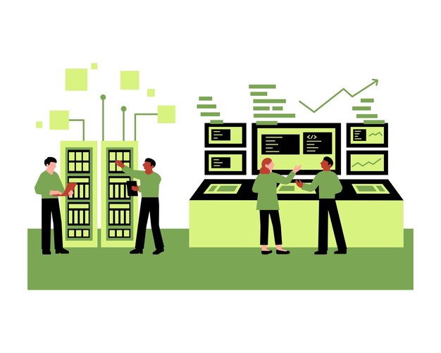 Vector vector illustration of people working in data center flat style design