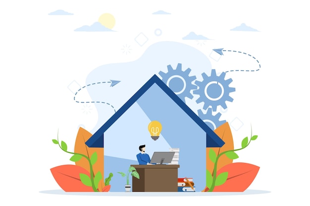 Vector illustration of people working from home on the internet online