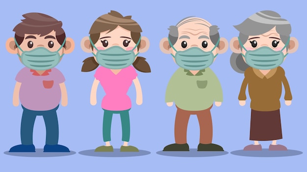 Vector illustration of a peoples young and old model wearing medic masks
