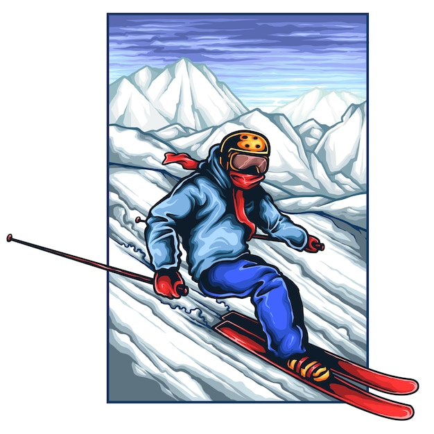 Векторная иллюстрация человека, делающего лыжи на ледяной горе