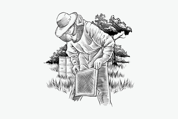 Vector vector illustration of a person harvesting honey in nature with engraving style