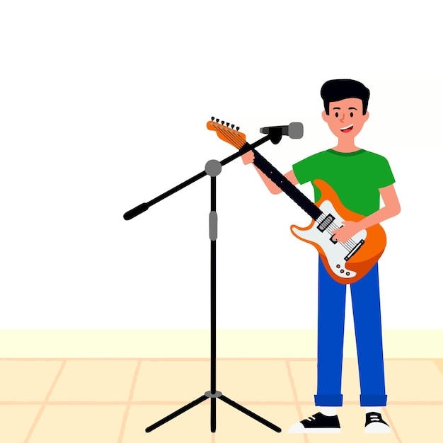 vector illustration of a person playing guitar while singing with a microphone