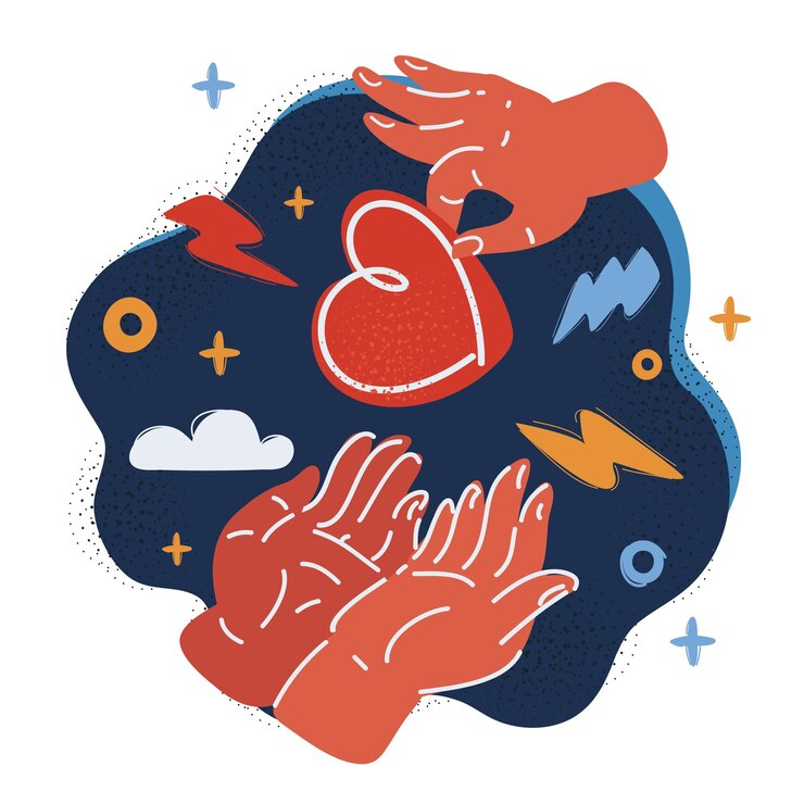 Vector vector illustration of person put heart in another ones hands over dark background
