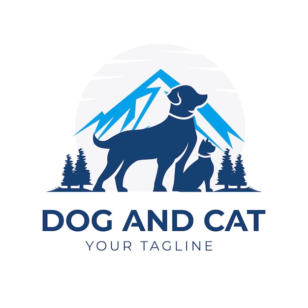 Векторная иллюстрация домашних собак и кошек и ландшафтный фон гор, озер, сосен, кипарисов. Может использоваться в качестве зоомагазина.