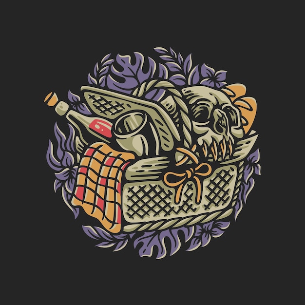 Vector vector illustration picnic basket with drinks glasses bread and skulls on it for t shirt design