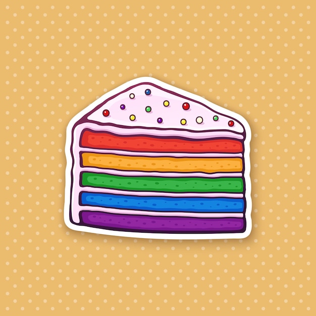 Vector illustration A piece of rainbow cake with glaze cream and colored sugar dragees