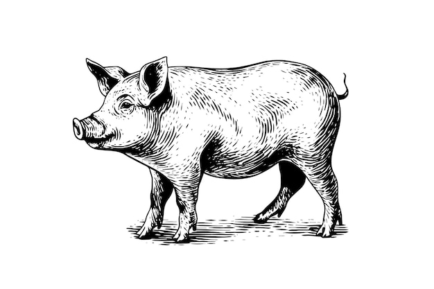 Vector illustration of pig in engraving style hand drawing sketch