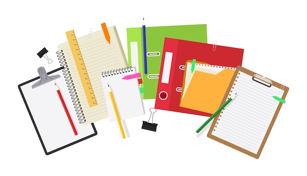 vector illustration of a pile of colored stationerycartoon scene of bright colored stationeryfolders notebooks binders bookmarks paper clips pencils paper tablets isolated on white background