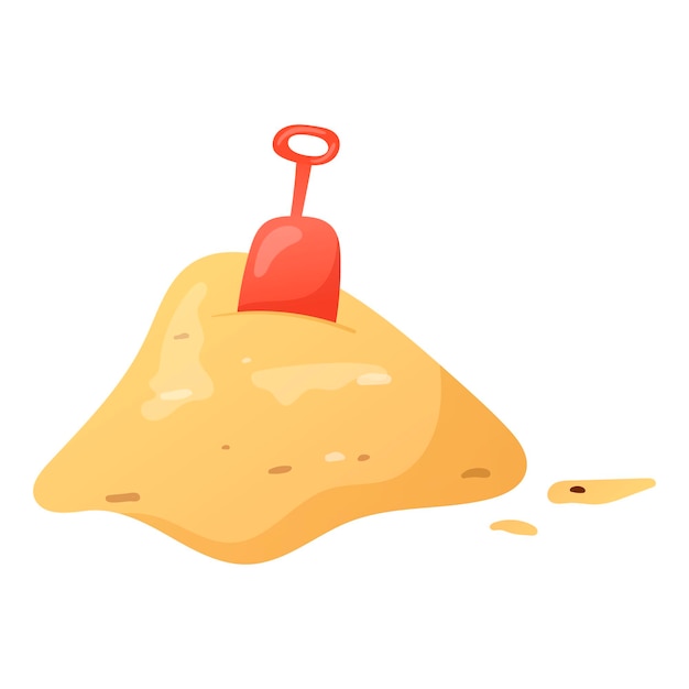 Vector illustration of a pile of golden sand and little grains on the beach. Isolated picture of a sandbox with an inserted children toy scoop. Kid summer game outdoors.