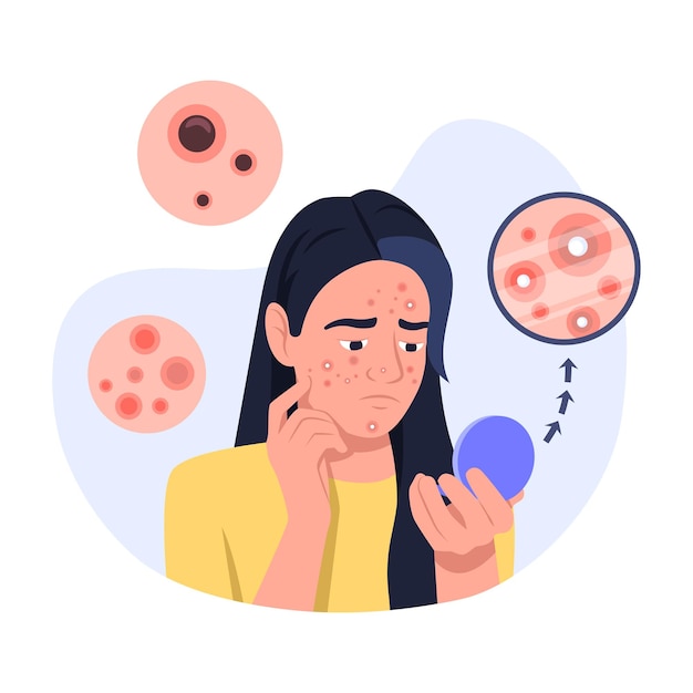 Vector illustration of pimples Cartoon scene with a girl who was sprinkled with pimples on her face and she looks upset in the mirror on white background