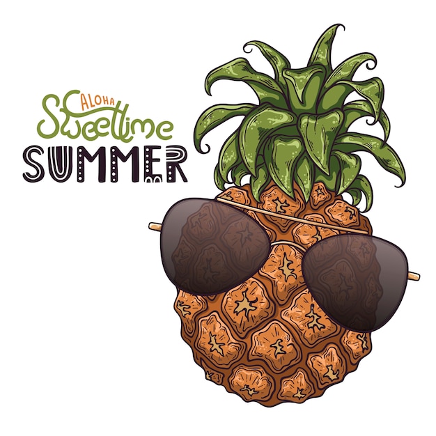Illustrazione vettoriale di ananas. lettering: aloha sweet time summer.