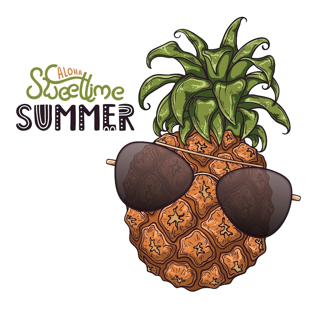 Vector illustration of pineapple. Lettering: aloha sweet time summer.