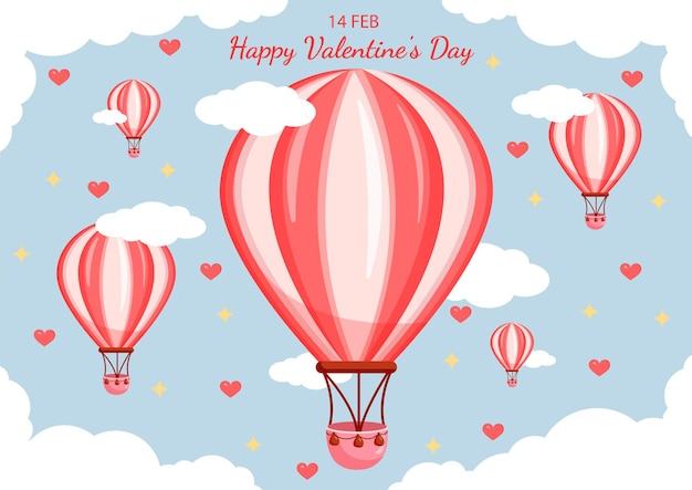 Vector vector illustration of pink balloons on the background of clouds hearts and sky greeting card