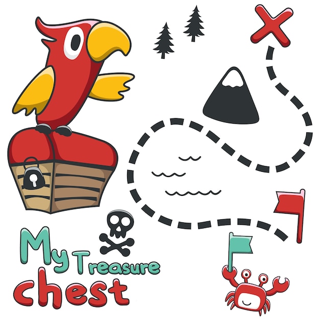 Vector illustration of pirate bird has found the treasure in cartoon style