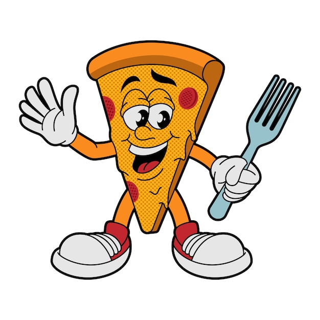 Un'illustrazione vettoriale di un personaggio di pizza in stile cartone animato