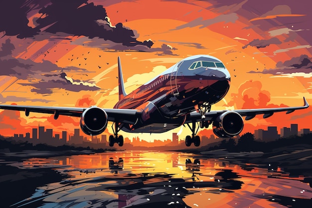 Vector illustration of plane travel background image with landscape