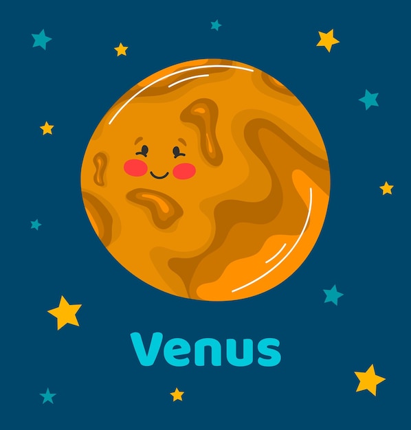 Vector illustration planet Venus in flat cartoon style Poster for children room education Venus card composition of the planets stars comets constellations space ship