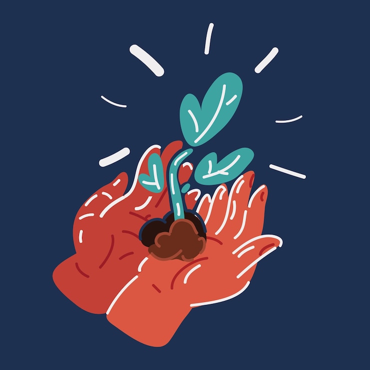 Vector vector illustration of plant in hands over dark background