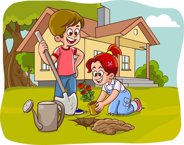 vector illustration of planting trees in the garden