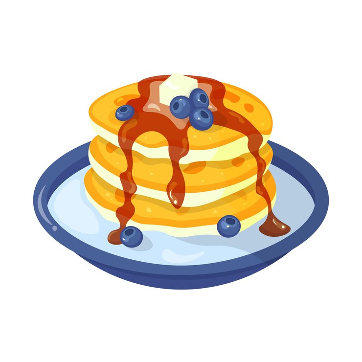 Vector vector illustration of a plate with pancakes blueberries butter and syrup