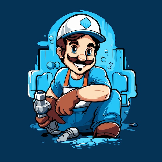 Vector vector illustration of a plumber with a pipe in his hand