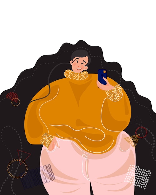 Векторная иллюстрация напыщенной девушки, делающей селфи. Концептуальный плакат о позитивном теле. Плюс размер