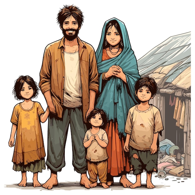 Vector vector illustration of a poor beggar family wearing ragged clothes and living in a makeshift hut