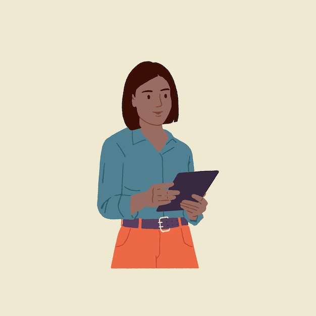 Vector illustration portrait of a cheerful charming confident girl holding a tablet and smiling