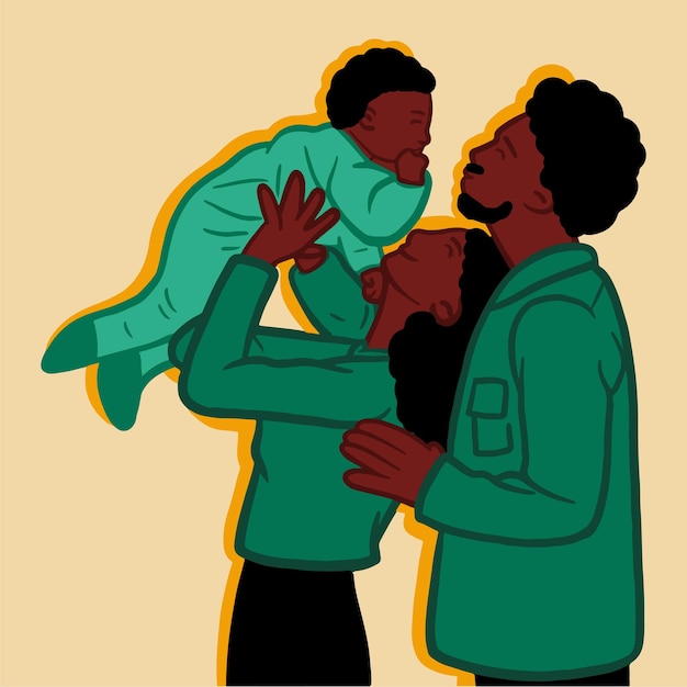 Vector illustration of a portrait of a small black family wearing green clothes and happy twins