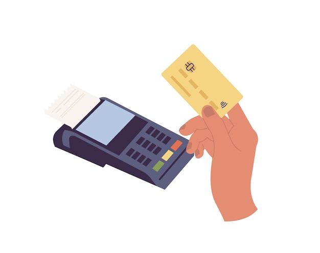 Vector illustration of POS terminal with check and hand holding a bank card Wireless electronic payment and convenient financial transactions