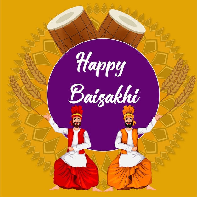 Векторный иллюстрационный плакат празднования Happy Baisakhi с панджабскими мужчинами, занимающимися бхангрой