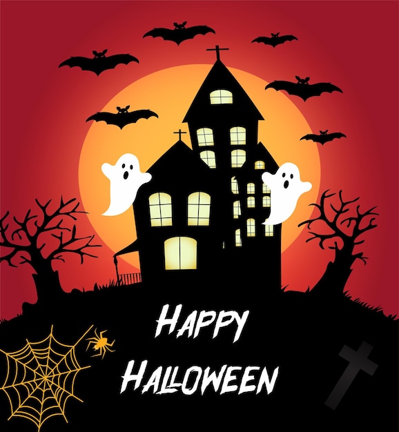 Vector illustration poster of 'Happy Halloween' castle surrounded by bats and ghosts