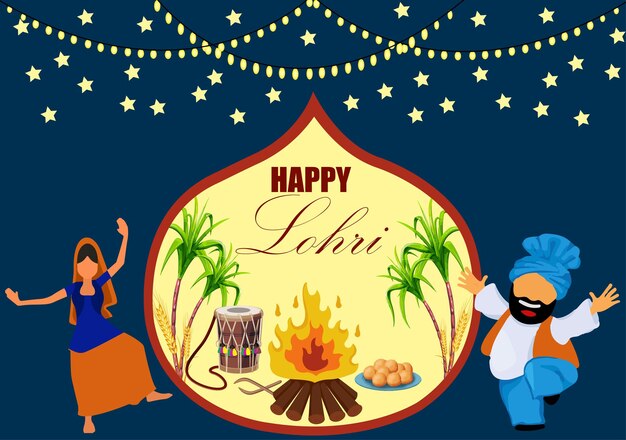 Vector illustration poster of Happy Lohri festival of Punjab India Punjabi people doing bhangra dan