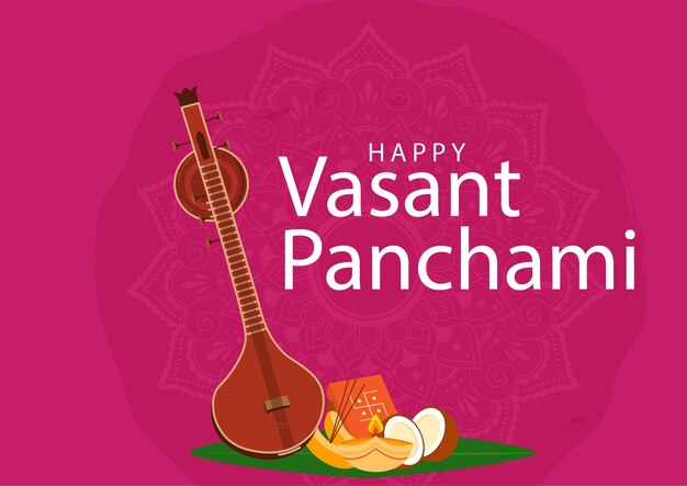 Vector illustration poster of Happy Vasant Panchami typography text with veena instrument and holy