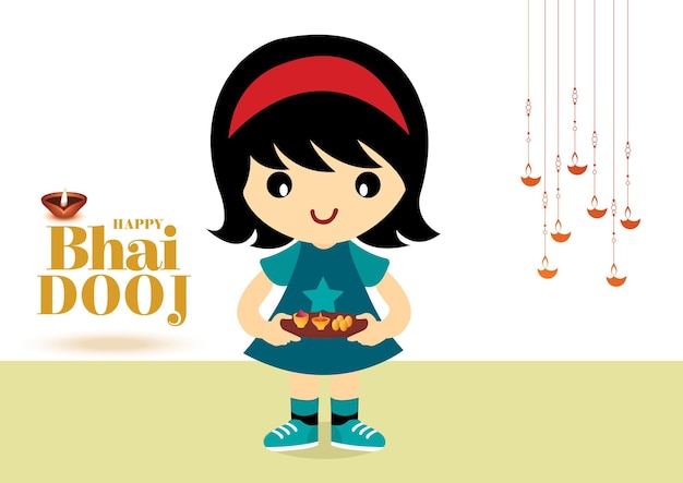 Vector illustration poster of Indian festival 'Happy Bhai Dooj' of smiling little girl holding plate