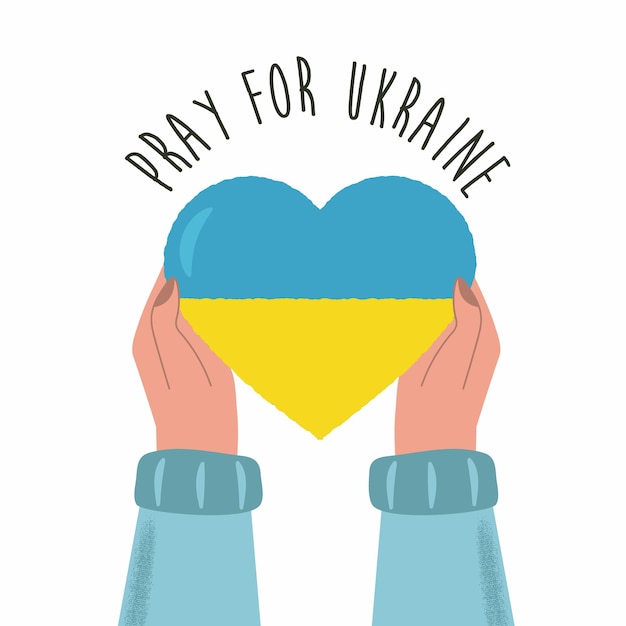 Vector illustration pray for ukraine with hands holding heart with colors of ukrainian flag