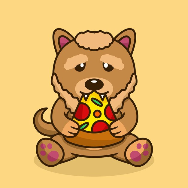 Vector vector illustration of premium cute dog eating pizza