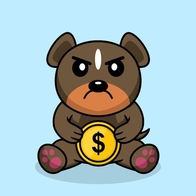Vector vector illustration of premium cute dog holding gold coin