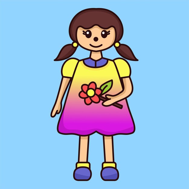 Vector illustration of premium girl playing and carrying flowers