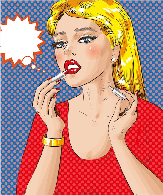 Vettore illustrazione vettoriale di una bella ragazza bionda che si dipinge le labbra con il rossetto rosso pensa a una bolla una bella donna che si trucca in stile fumetto pop art retrò