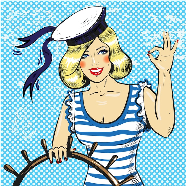 Vector vector illustration of pretty blond pin up girl in captain hat showing ok hand sign sailor woman with steering wheel in retro pop art comic style