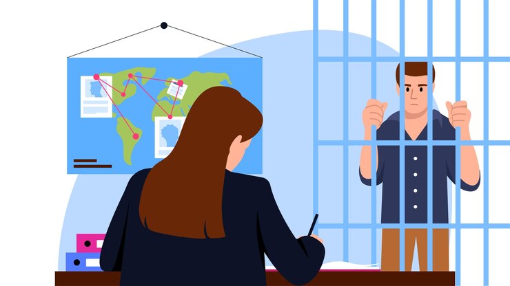 Vector vector illustration of a prisoner behind bars cartoon scene with a prisoner behind bars and a female police officer interrogating a suspect in a crime and recording a statement on a white background