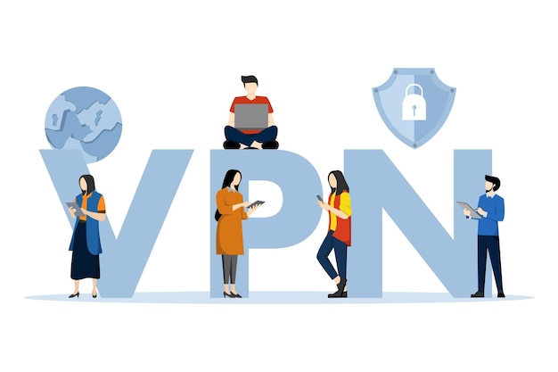 コンピューターとモバイルに VPN を使用する人々 とプライベート ネットワークまたは VPN コンセプトのベクトル イラスト