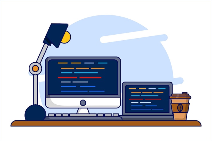 Vector vector illustration of professional programmer workbench setup concept with open project on monitor