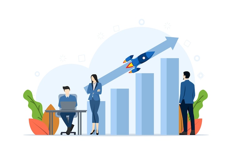 Vector vector illustration of profit concept with startup manager analyzing sales growth graph