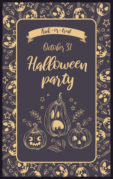 Vector illustration. pumpkins, jack-o-lantern caramel apples, berries and lettering in vintage style. gold letters, dark background. halloween party invitations, posters, postcards, banners and flyers